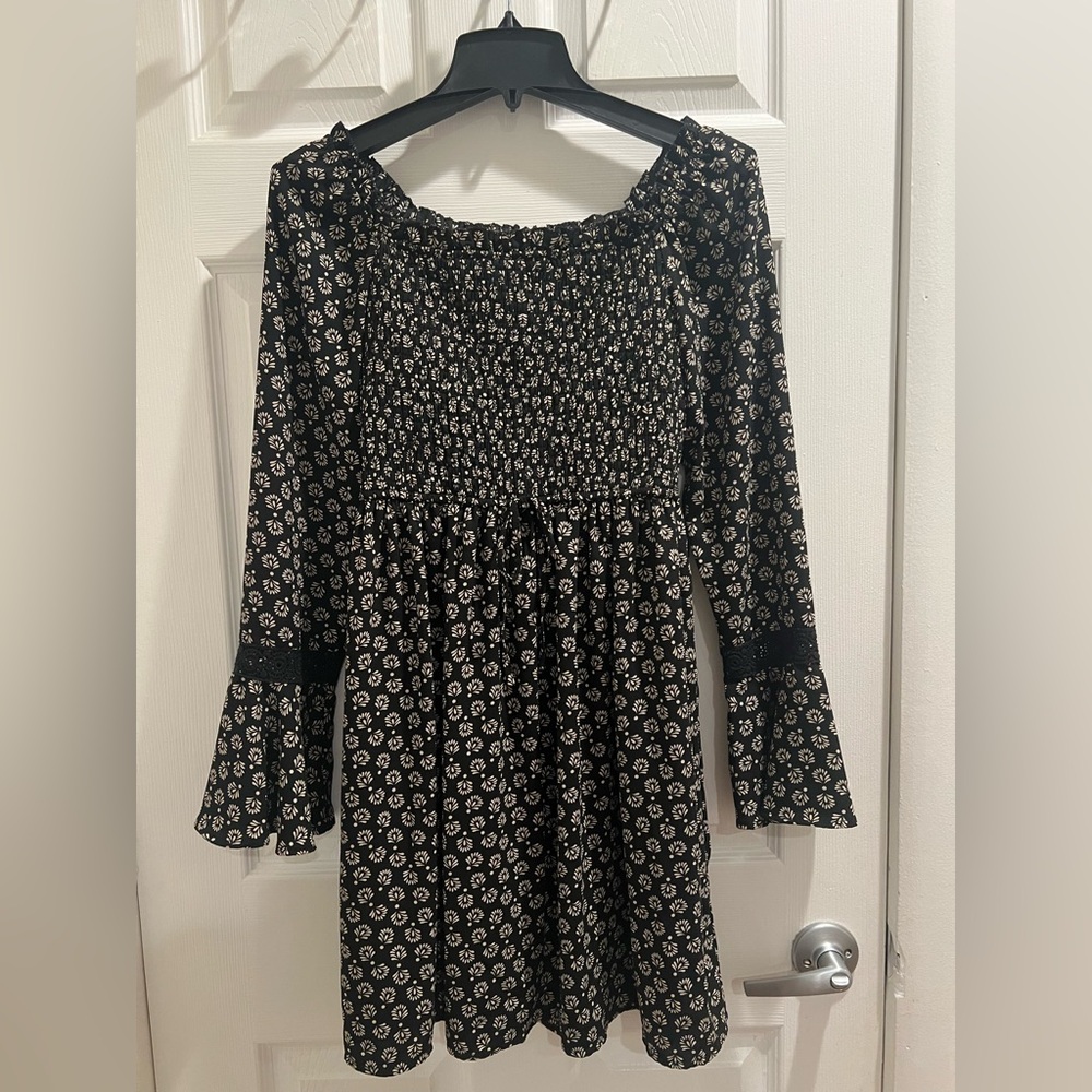 Boho black floral smocked mini dress
